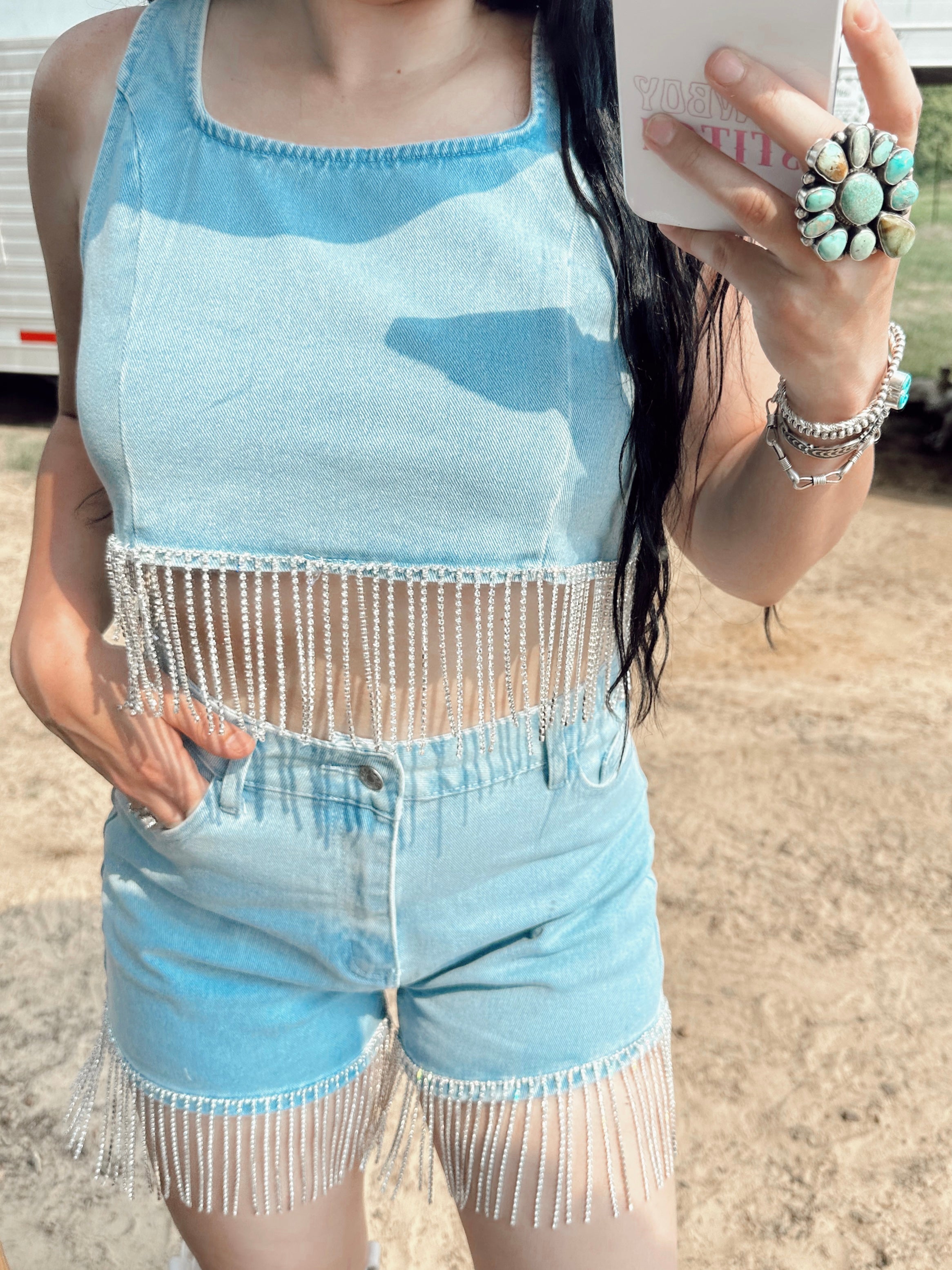 The Rhinestone Denim Fringe Set – Cowboy Stitch