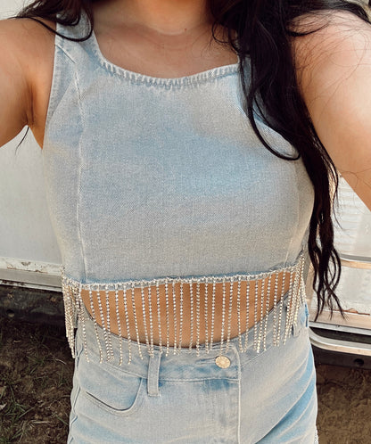 The Rhinestone Denim Fringe Set