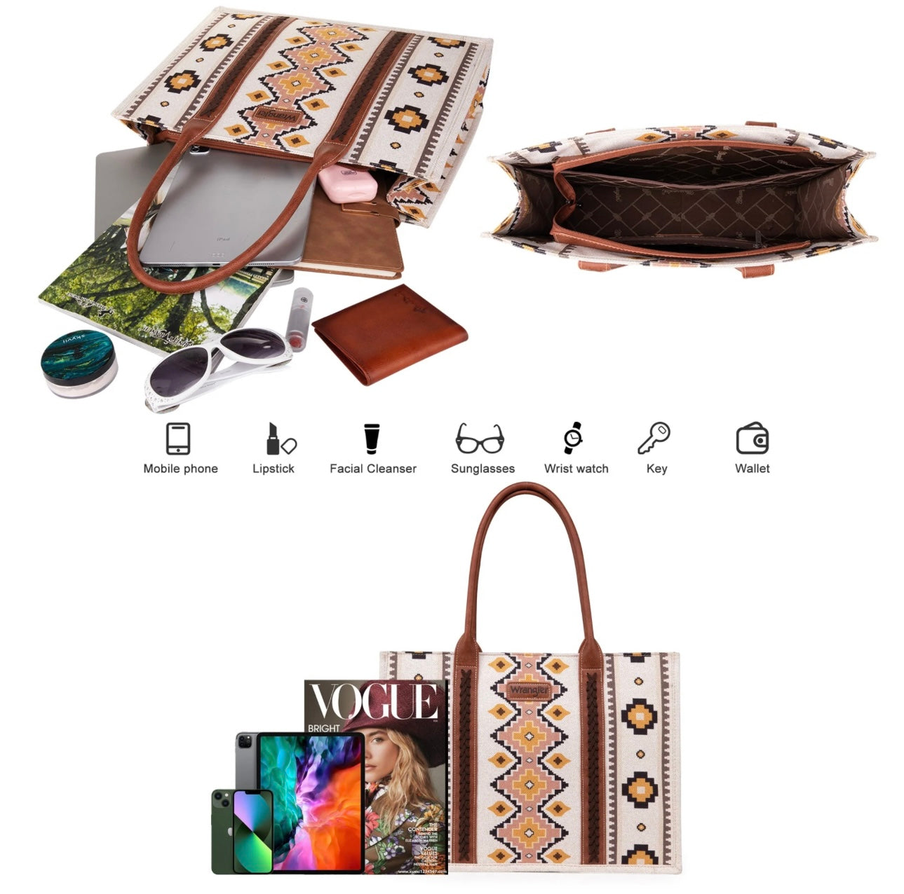 The Wrangler Light Blue Aztec Wide Tote