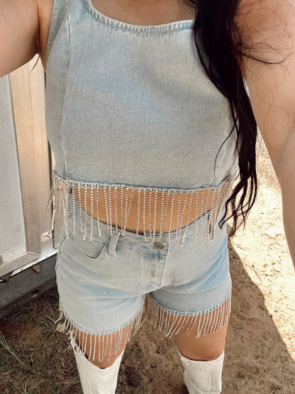 The Rhinestone Denim Fringe Set